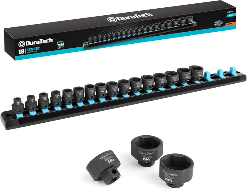 DURATECH 3/8" Drive Stubby Impact Socket Set, Low Profile Impact Sockets, 19-Piece, Metric, Size Covers 6-24mm, Cr-Mo Steel, Organized in Magnetic Storage Rail - Image 1